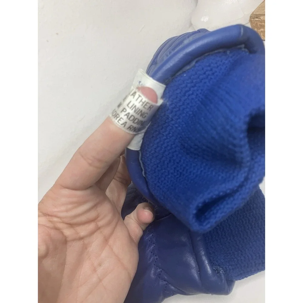 Vtg 80s Royal Blue Leather Winter Ski Mittens Quilted Puffer Snow Mitts Ladies L